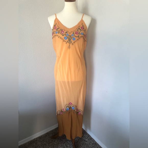 🧡Chasing Unicorns Stormy Weather embroidered silk slip dress apricot🧡 - Picture 3 of 10